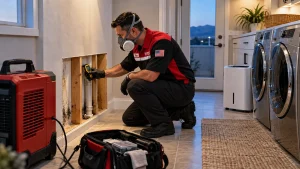 Trademark Restoration Services technician inspecting moisture after a leak in a Southern Nevada home
