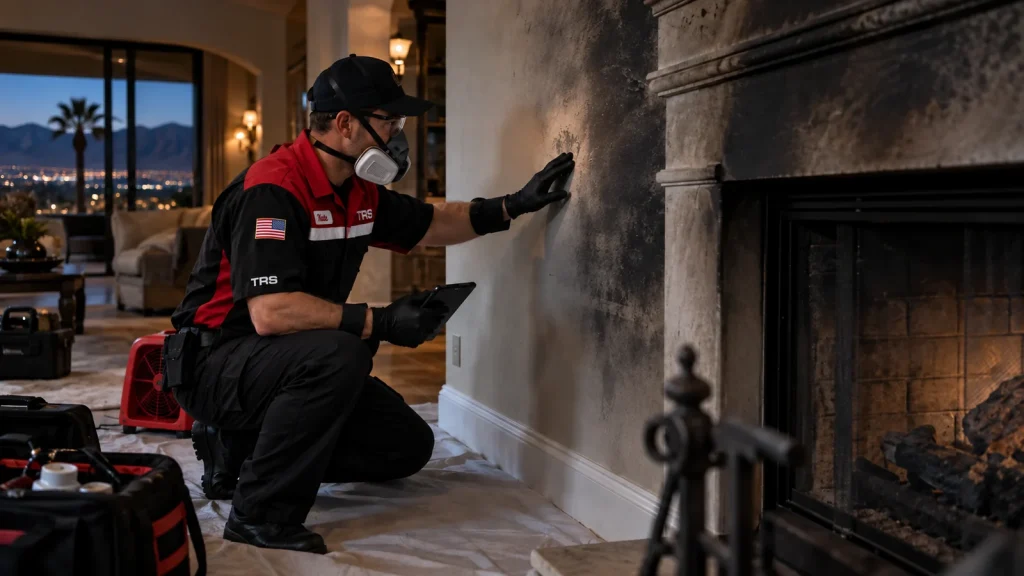 Trademark Restoration Services technician inspecting smoke damage and soot inside a Southern Nevada home