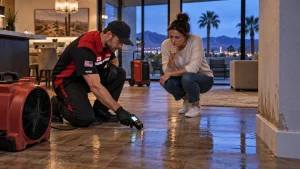 Trademark Restoration Services technician assessing water damage with a homeowner in Las Vegas